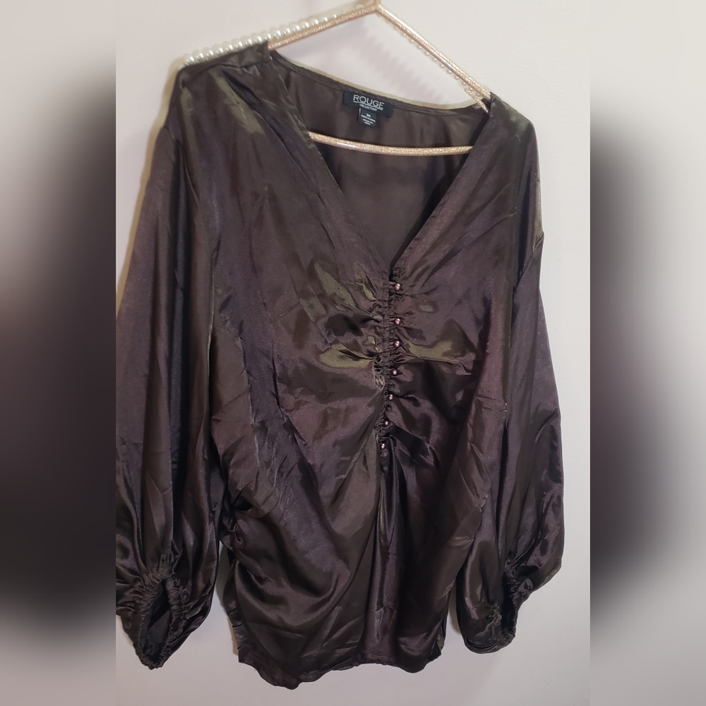 SOLD! ROUGE COLLECTION Brown Satin Ruched Top – Size 3X – NWT